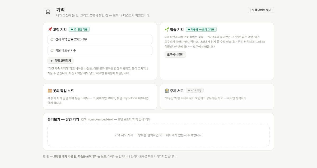 고정 기억과 학습 기억을 나눠 보여 주는 마이봇 기억 화면
